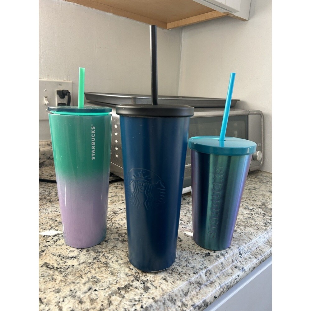 Starbucks Stainless Steel Tumbler Set of 3 Cups 16oz & 24oz Teal, Purple, Navy